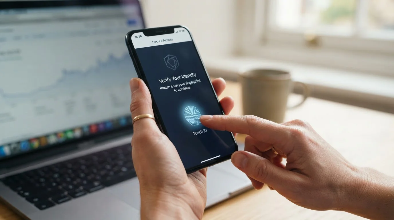 Person authenticating a bank payment on smartphone with secure biometric confirmation screen