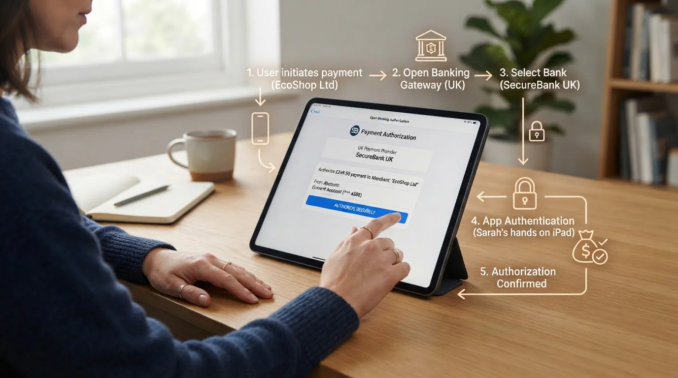 Person using tablet showing Open Banking authorization flow with UK banking app interface