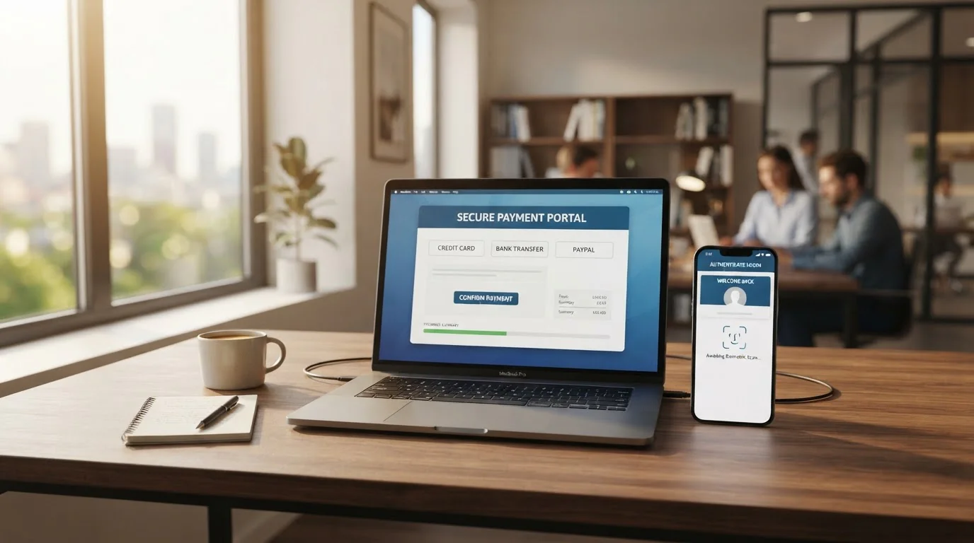 Modern banking interface showing Open Banking payment flow with biometric authentication on smartphone