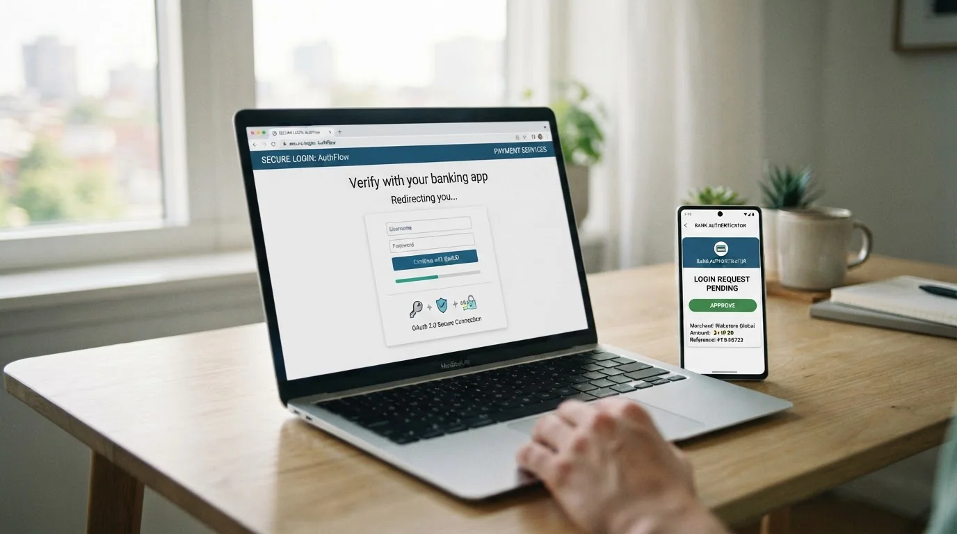 Laptop showing bank login interface with OAuth authentication flow beside smartphone