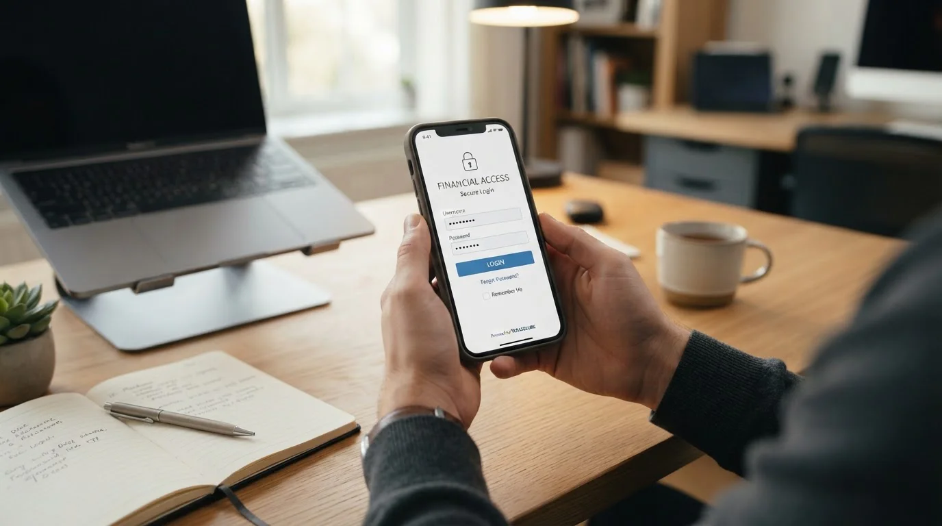 Person using smartphone with instant bank verification interface