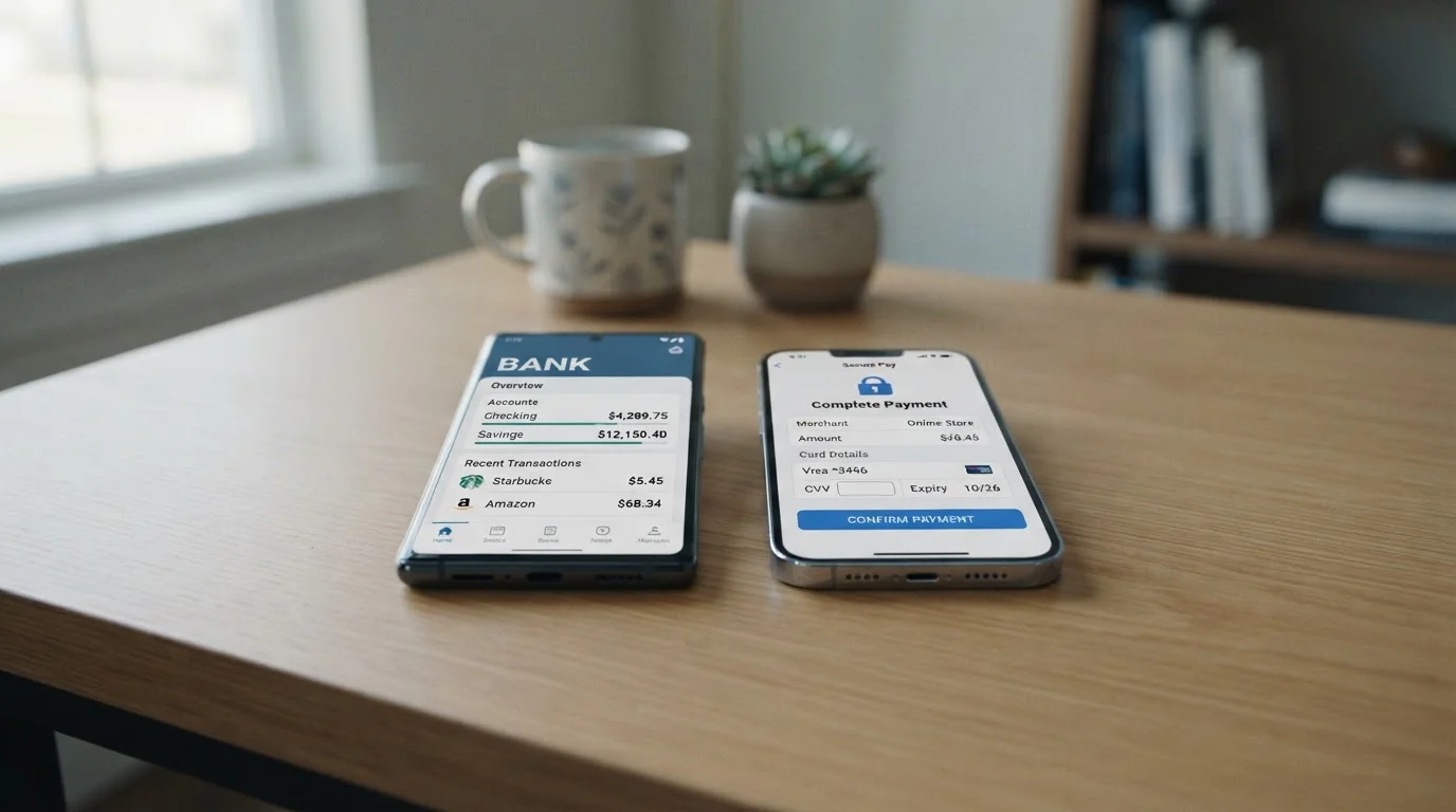 Side-by-side comparison of payment method interfaces on mobile devices showing bank transfer and card options