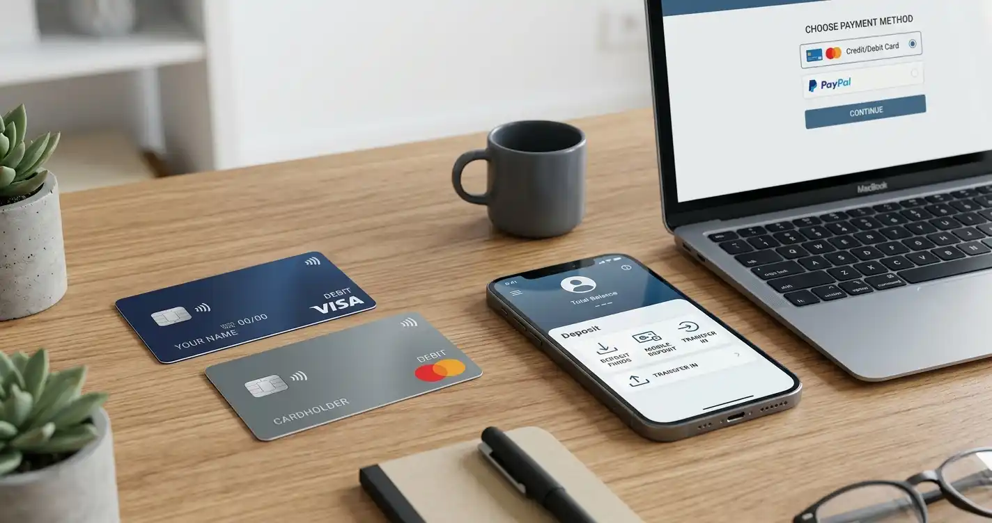 Desk with multiple payment cards and banking app showing deposit options