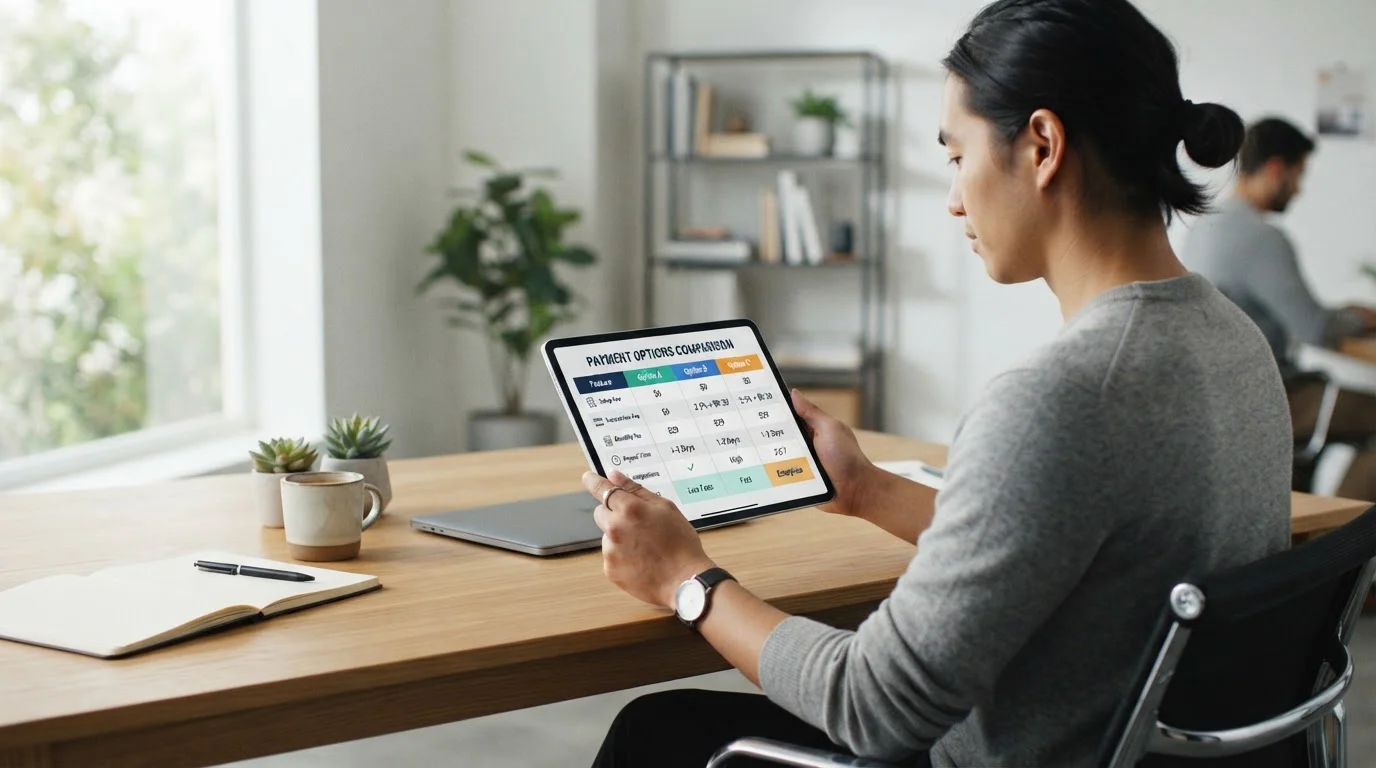 Tablet showing payment methods comparison with person reviewing options