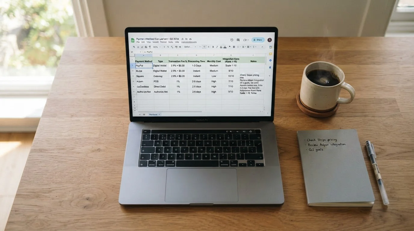 Laptop showing payment method comparison spreadsheet with organized data columns