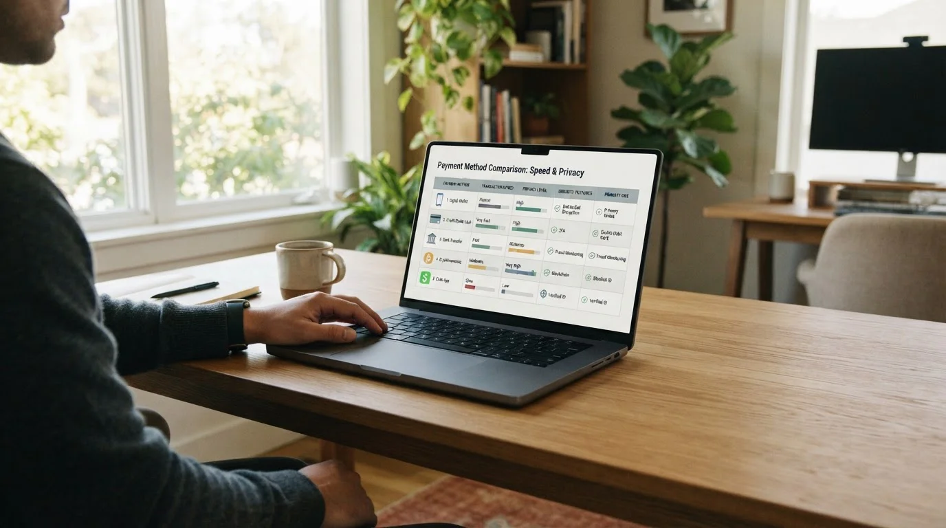 Comparison table showing different payment methods with speed and privacy indicators