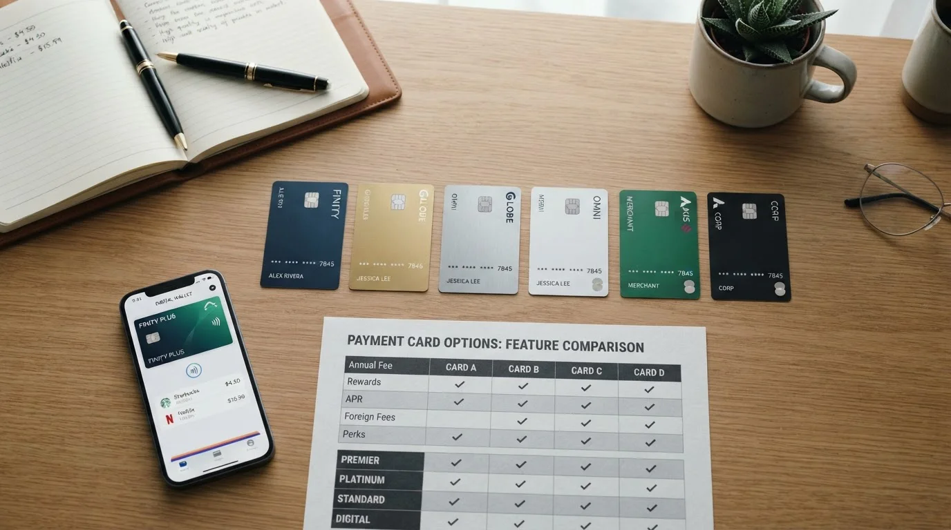 Payment cards and smartphone with mobile wallet app on desk with comparison chart