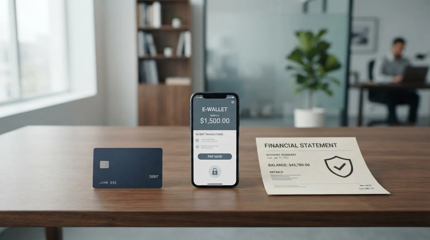 Comparison of three payment methods showing debit card, e-wallet interface, and banking document with security shield