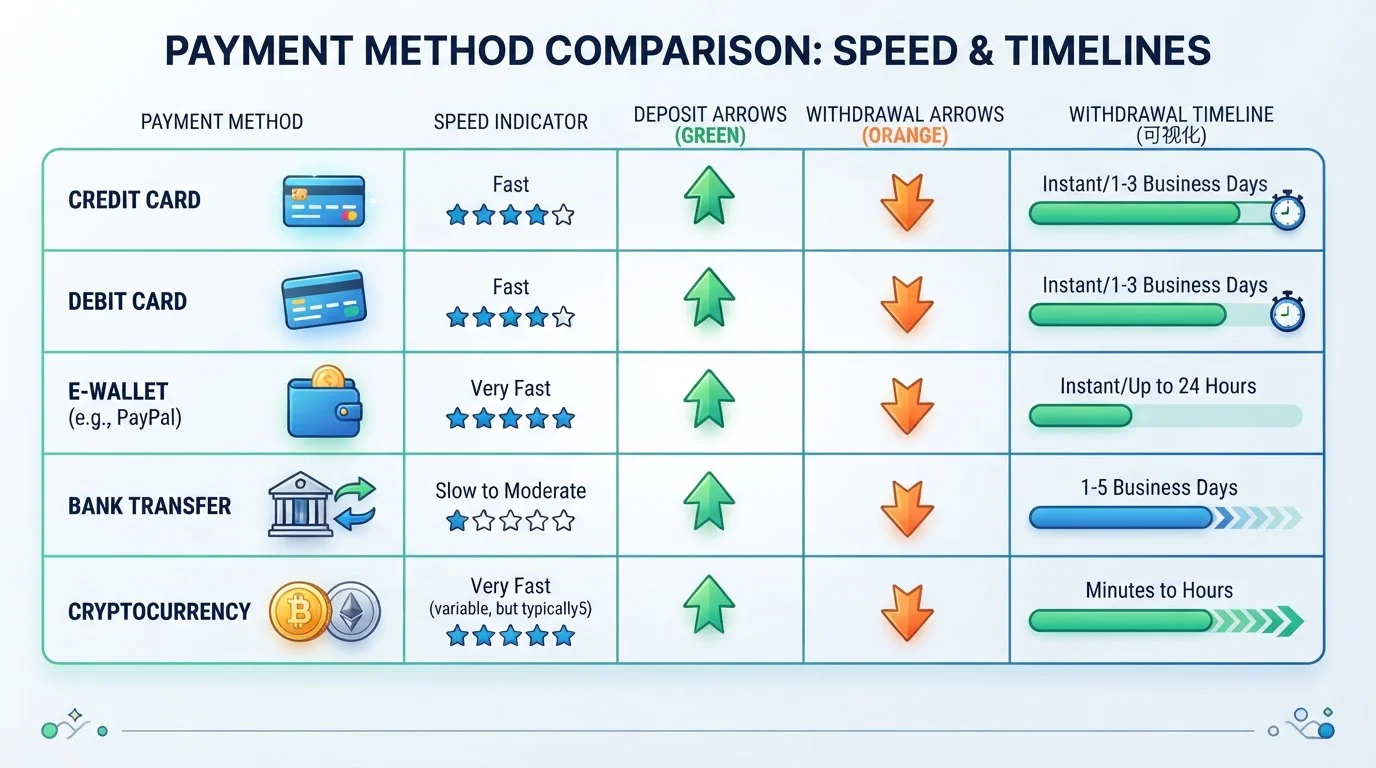 Comparison chart showing payment method speeds and withdrawal timelines