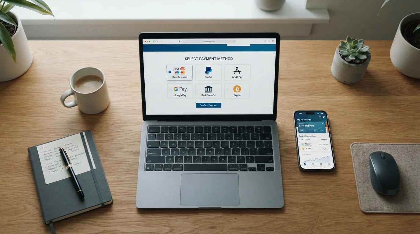 Laptop and smartphone showing multiple payment method interfaces