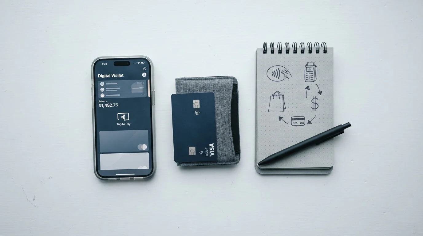 Modern payment options arranged on white surface including smartphone and debit card