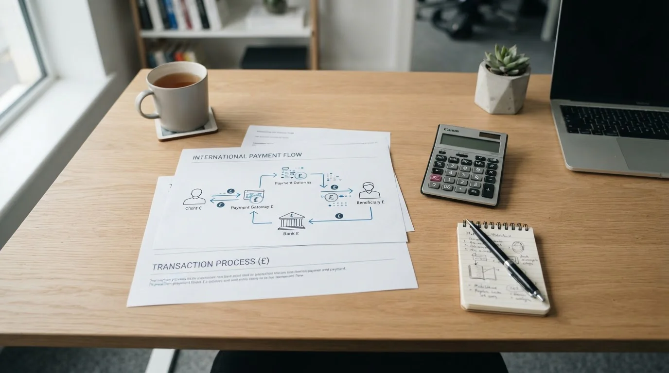 Documents showing payment processing flow with abstract currency symbols on organized desk