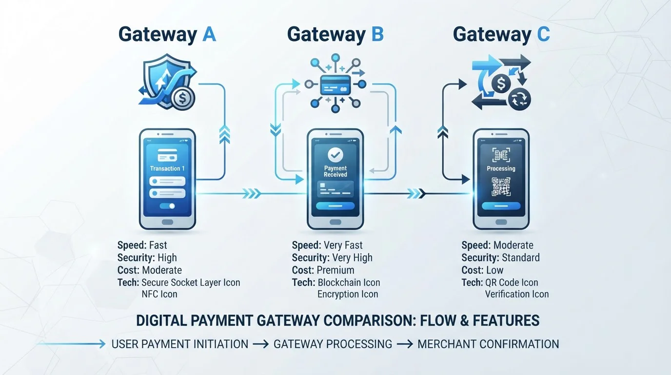 Abstract payment gateway icons side by side with connecting lines to mobile devices