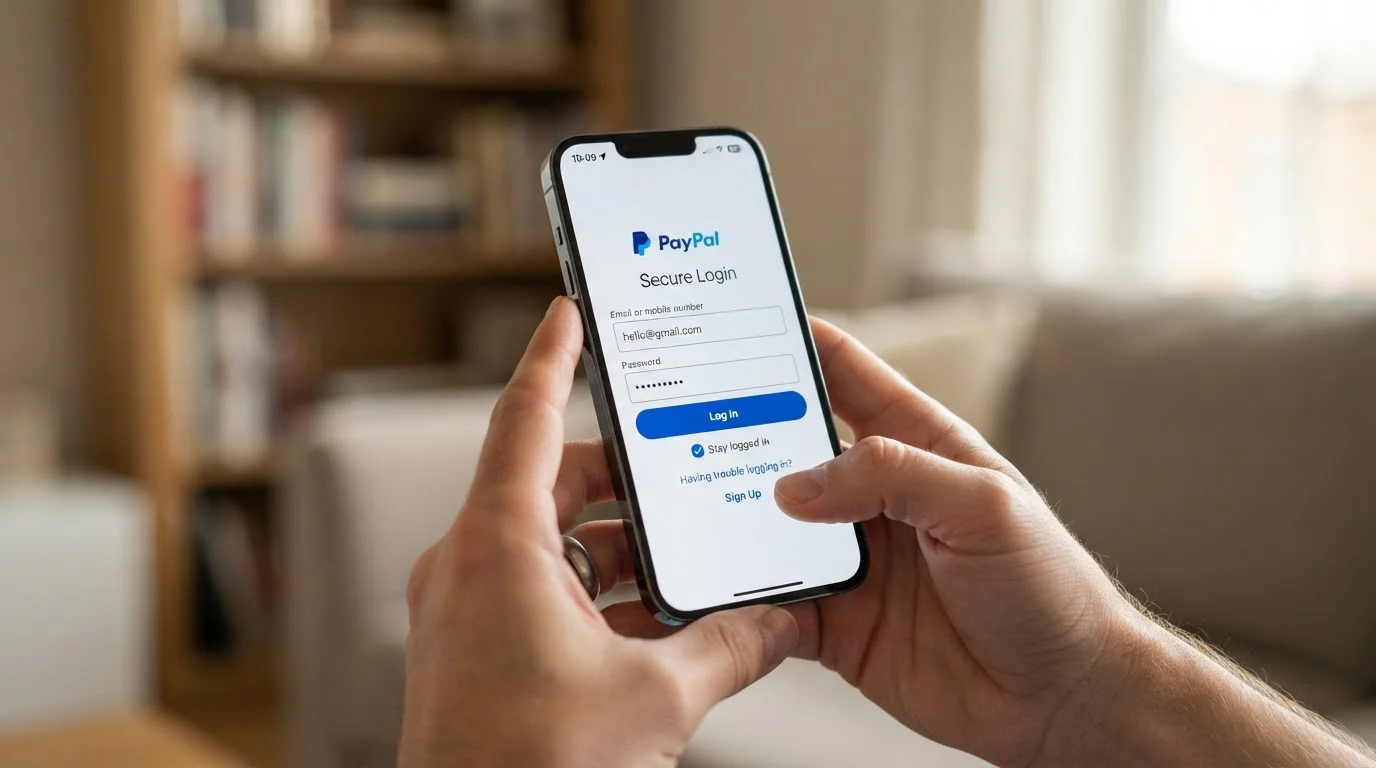 Mobile phone showing PayPal login screen during casino deposit process