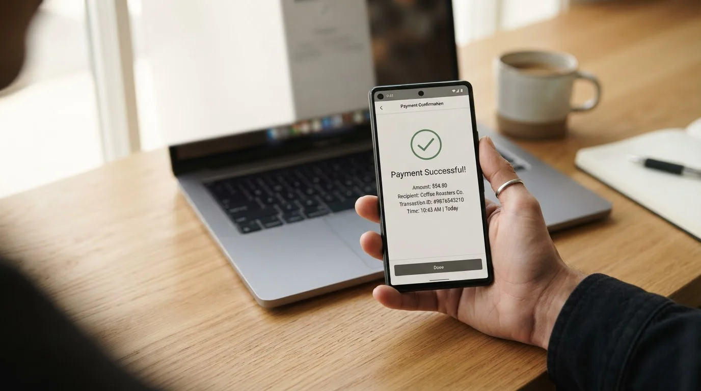 Smartphone showing payment confirmation screen beside laptop on wooden desk