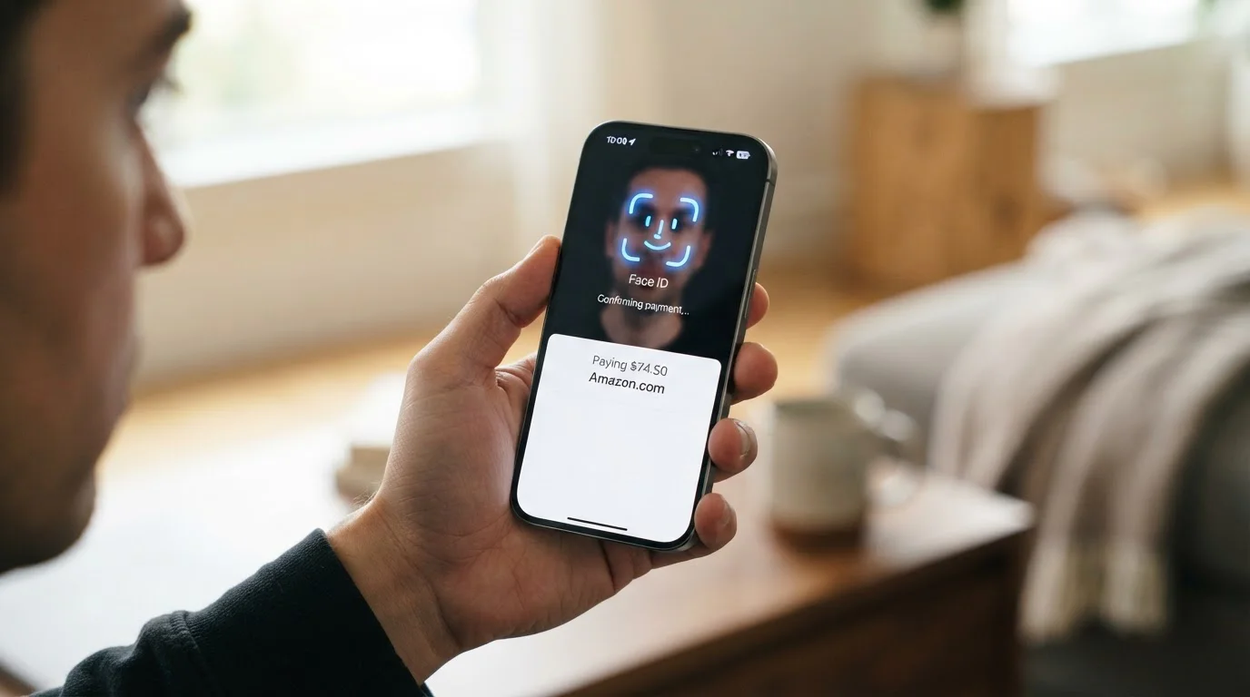 Person using smartphone with Face ID authentication for PayPal casino deposit