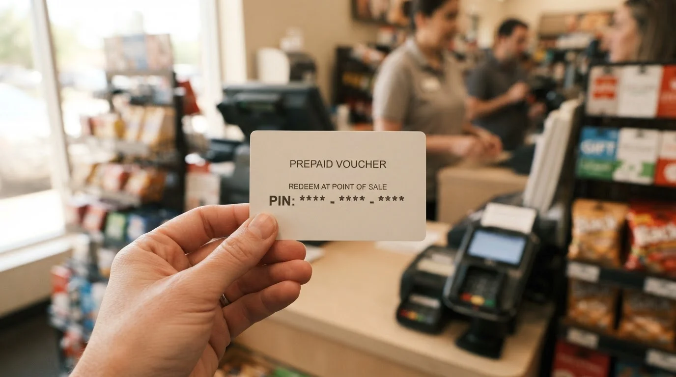 Hand holding prepaid voucher card with PIN code at retail counter