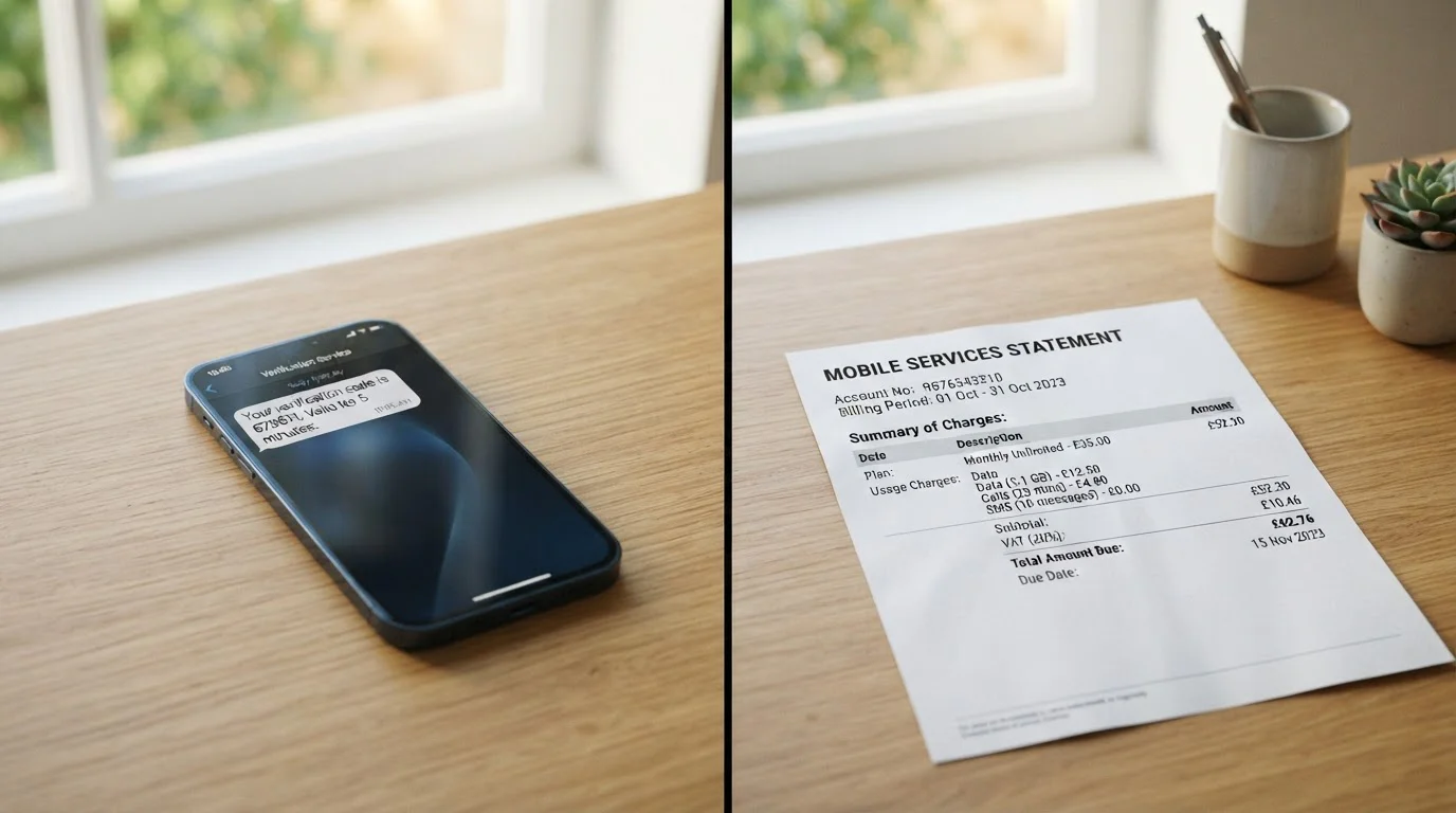 Smartphone receiving SMS confirmation code next to mobile phone bill statement on desk