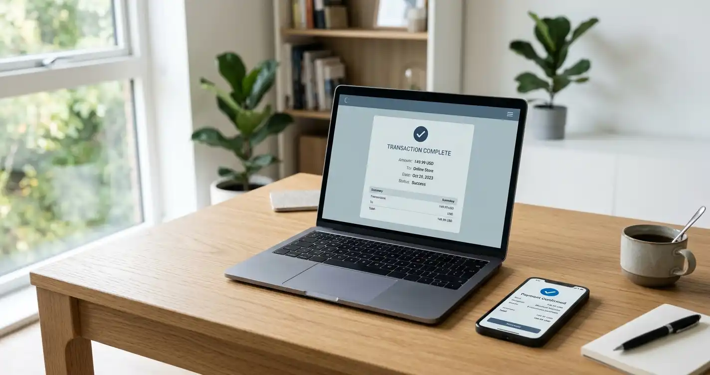 Modern laptop and smartphone showing completed payment transaction on minimalist desk