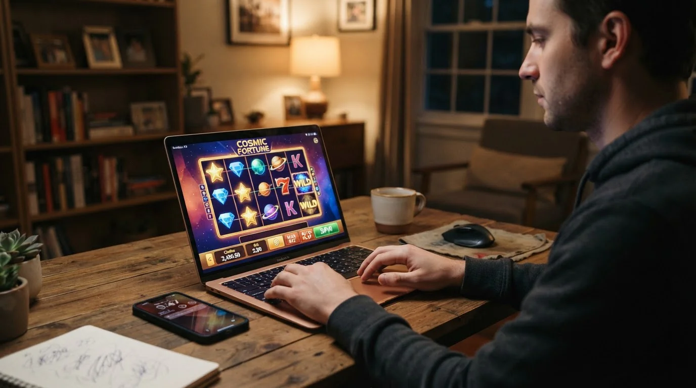 Laptop screen showing abstract slot game interface on home desk with evening lighting