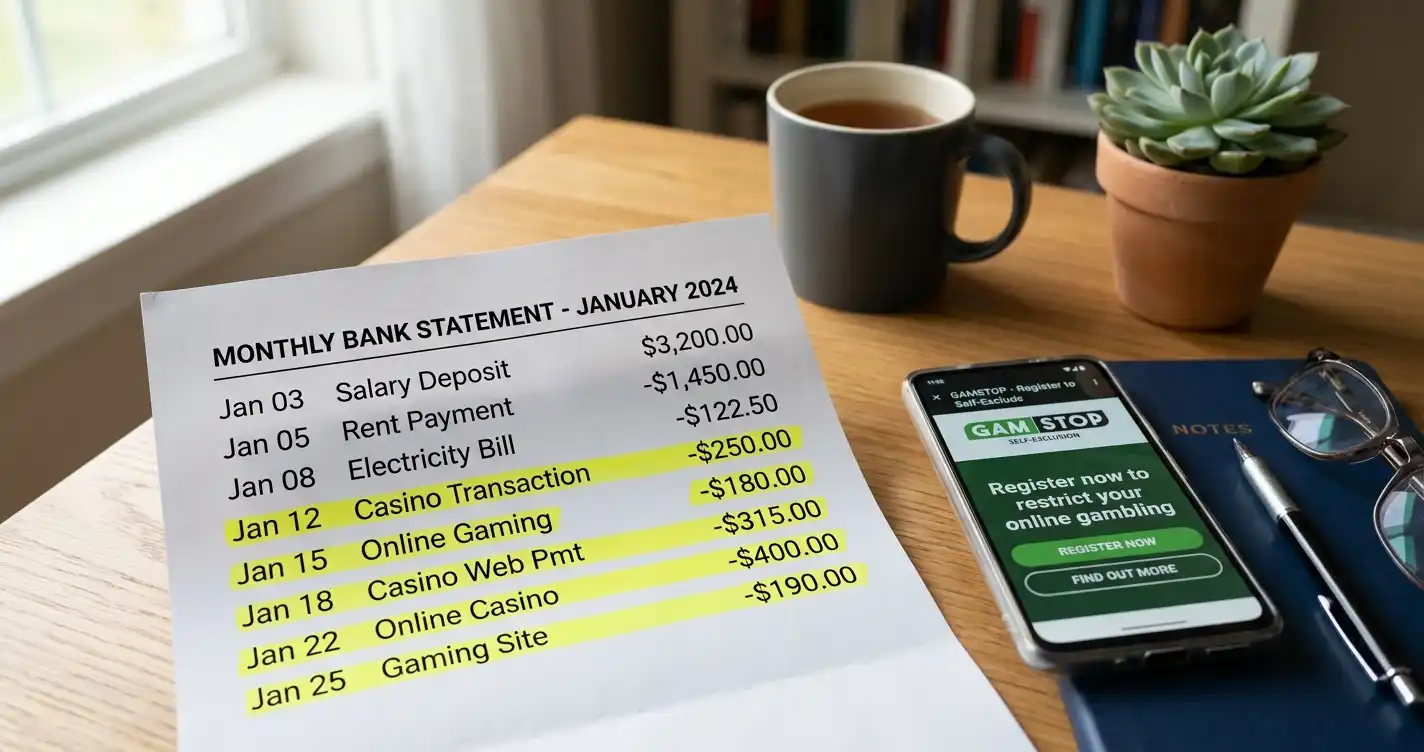 Person reviewing bank statement with highlighted casino transactions and smartphone showing GamStop website