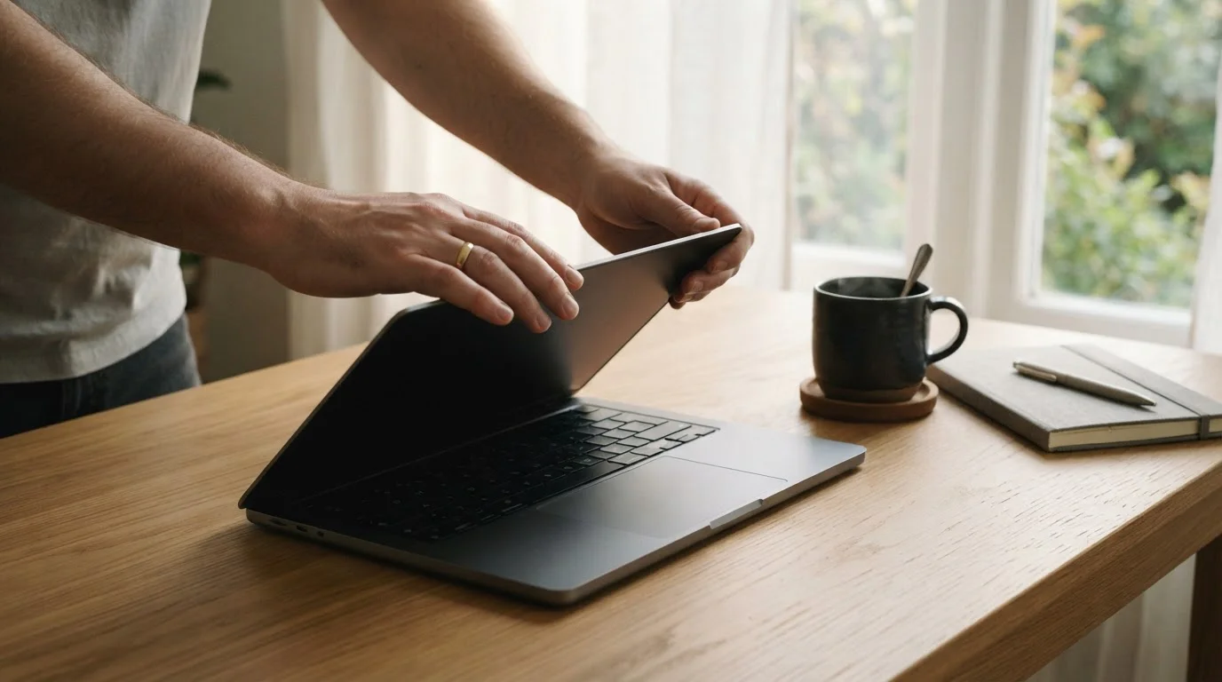 Hands closing a laptop lid in a quiet room with soft daylight from a window