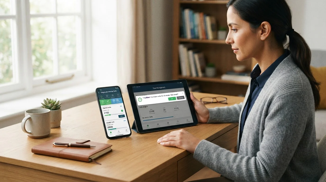 Smartphone and tablet showing responsible gambling control interfaces with deposit limits and time reminders