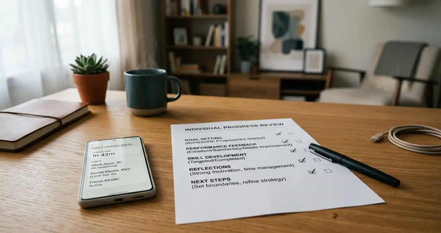 Person reviewing self-assessment form with smartphone showing limit settings