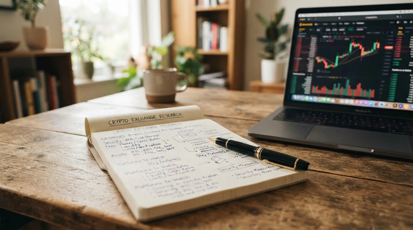 Notepad with handwritten cryptocurrency exchange notes and laptop showing exchange platform