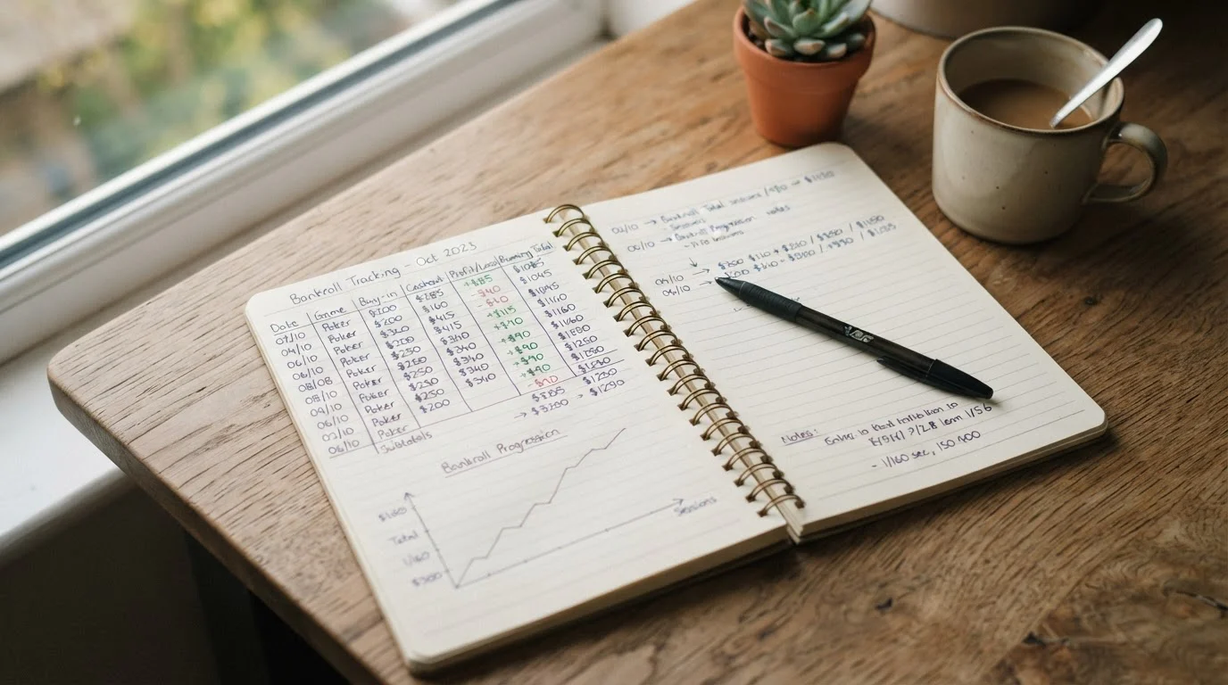 Notebook with handwritten calculations showing bankroll tracking over multiple gaming sessions