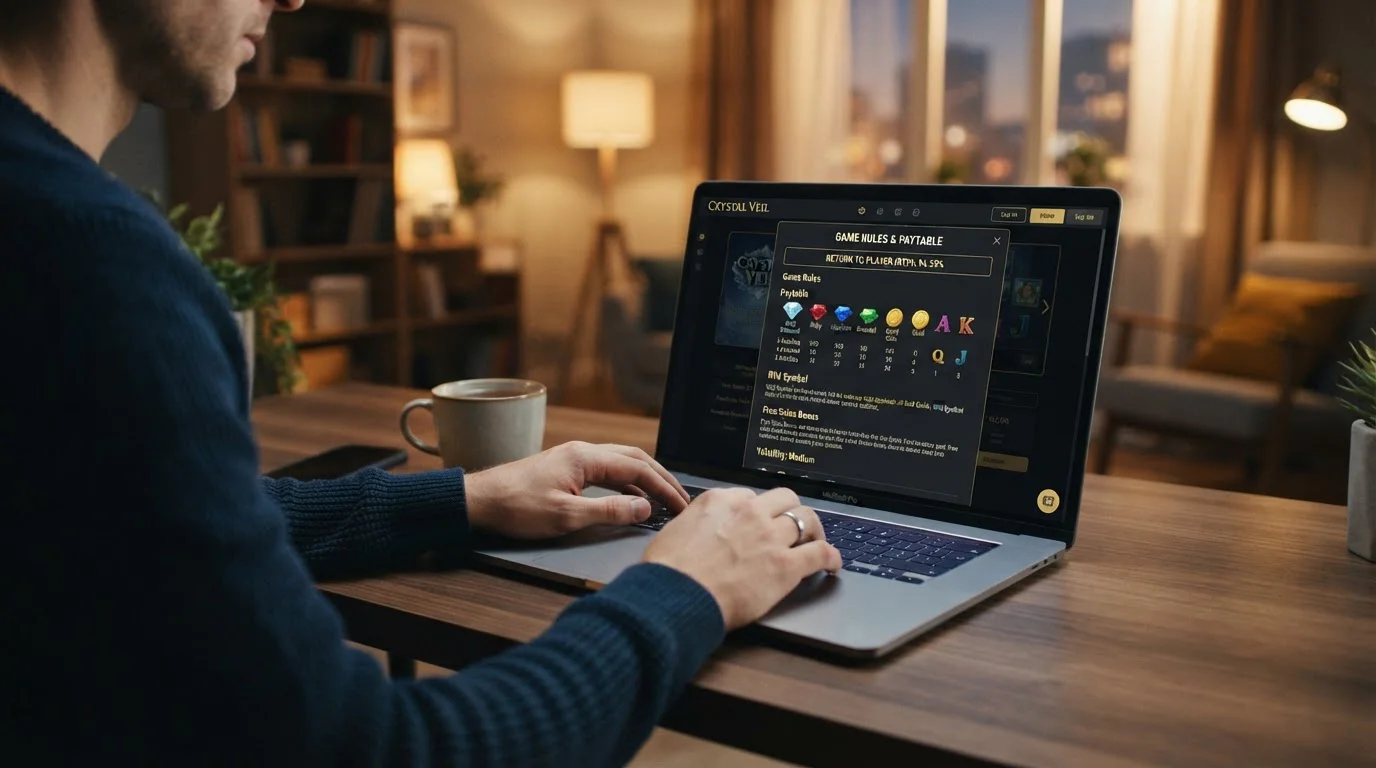 Person reviewing game information panel on laptop screen showing RTP percentage details