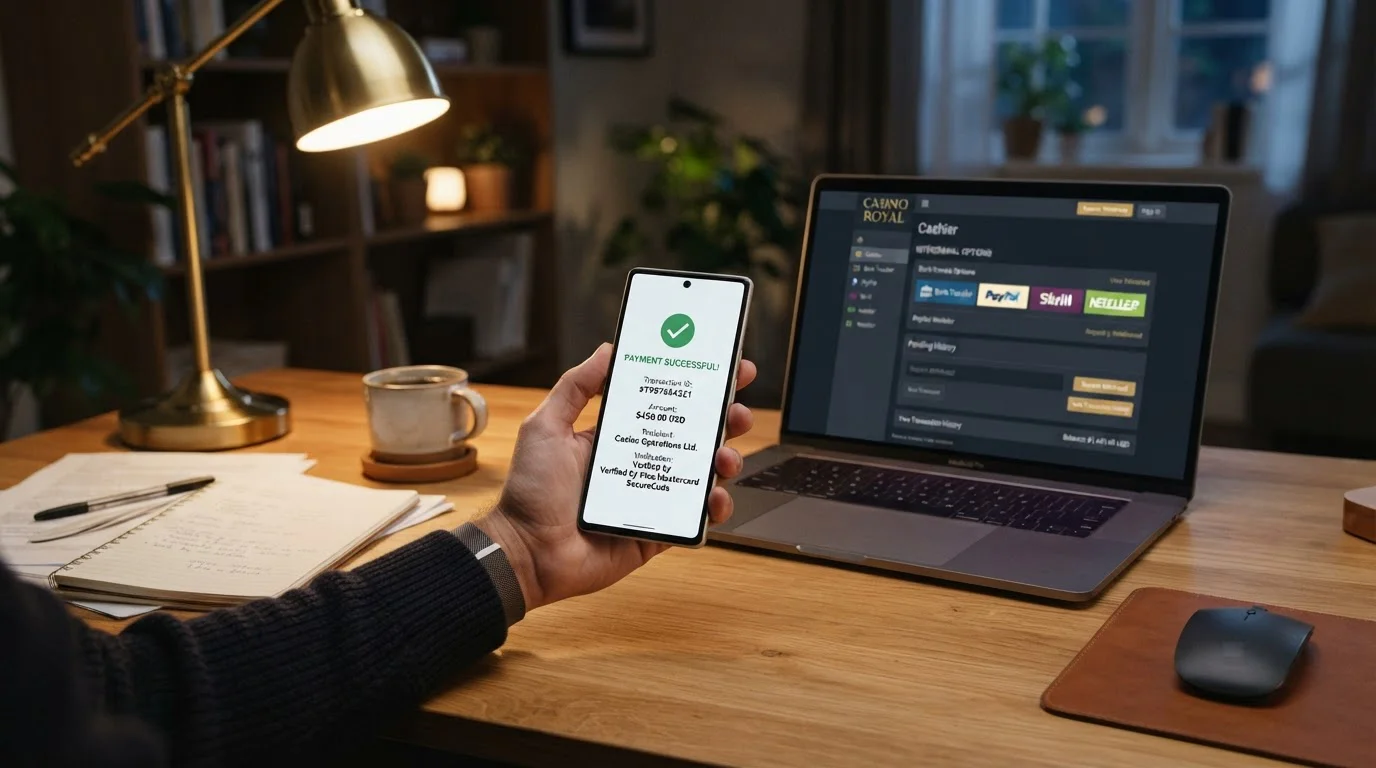 Smartphone showing a payment confirmation beside a laptop with casino withdrawal options open