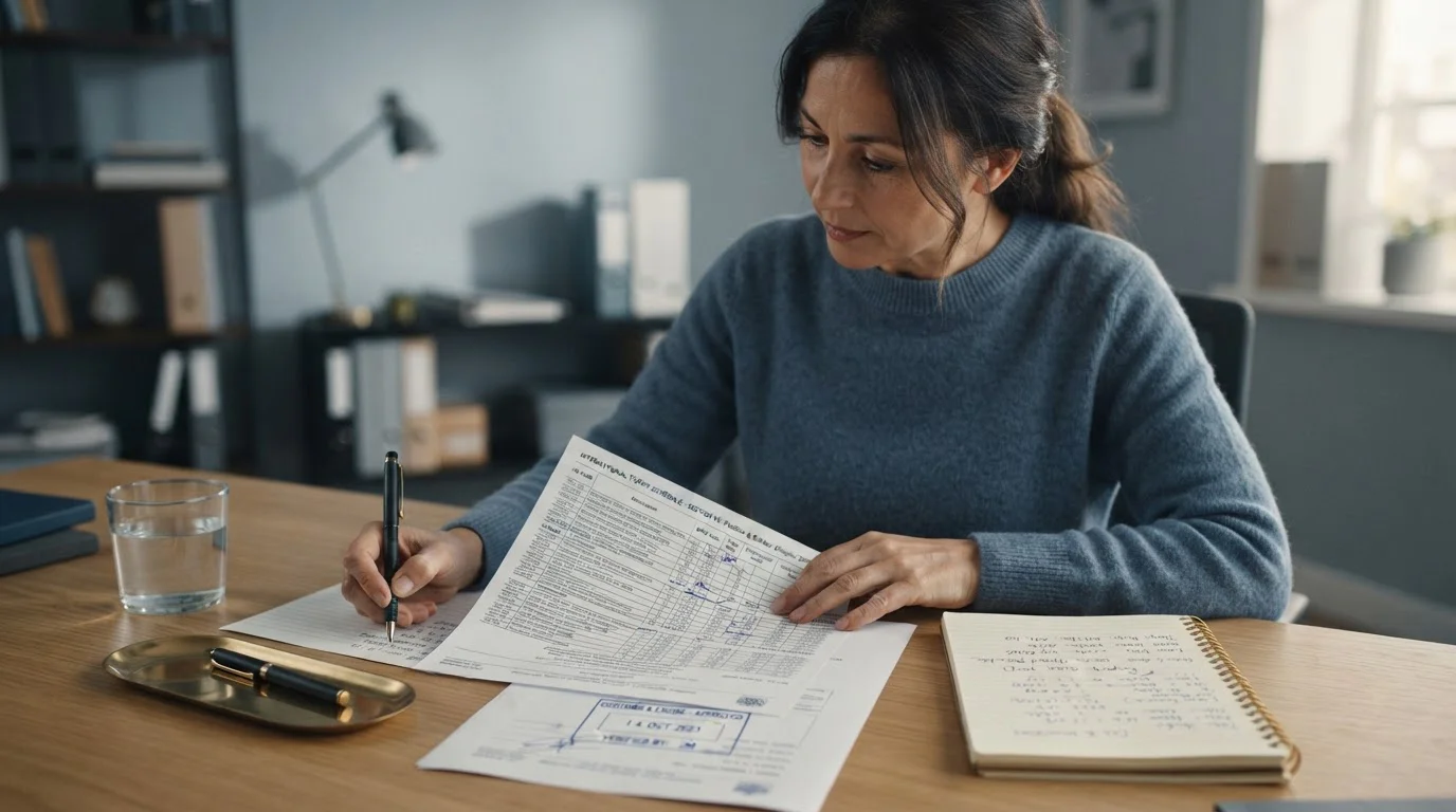 Printed fee tariff on a desk with handwritten transaction cost figures on a notepad beside it
