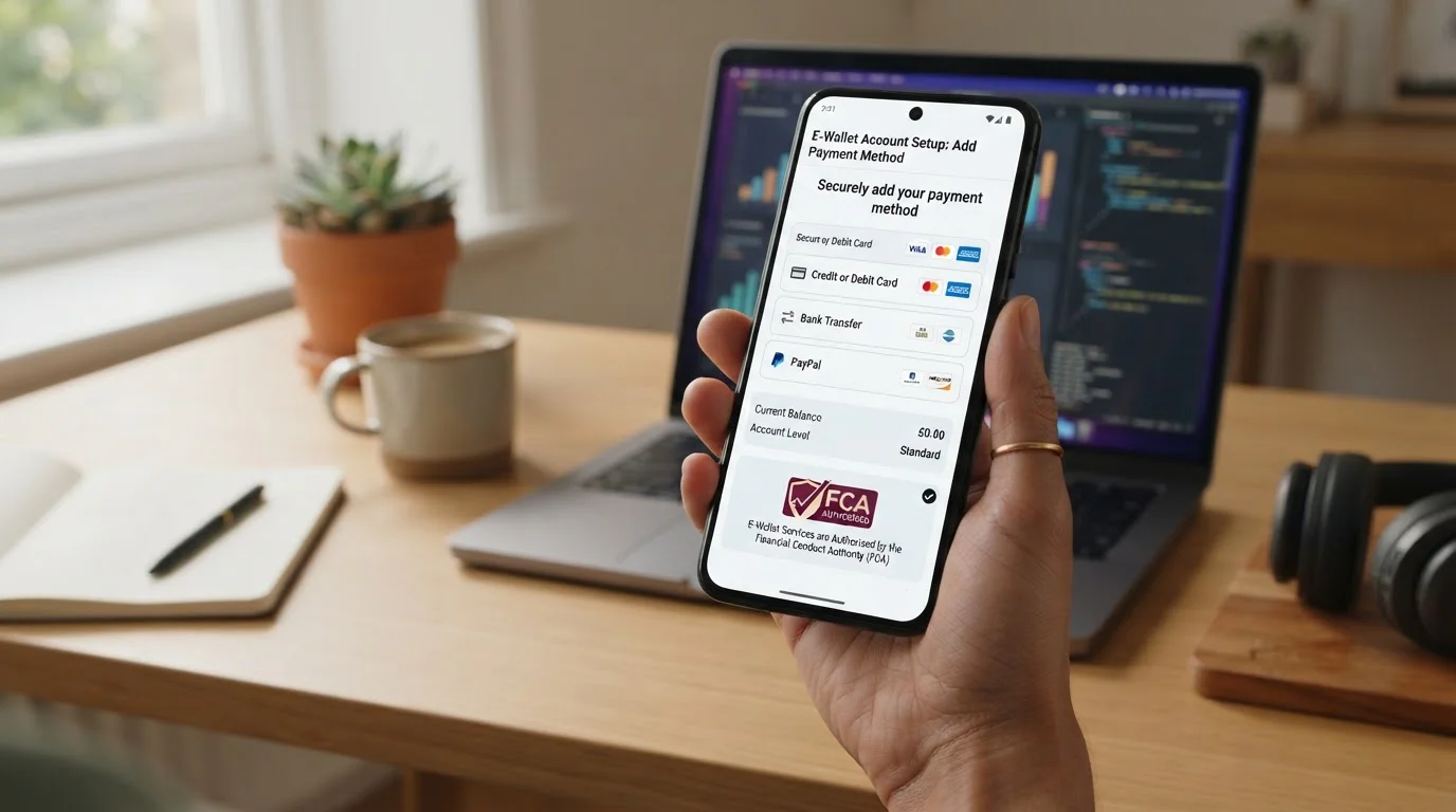 Person setting up Skrill e-wallet account on smartphone with FCA authorization badge visible