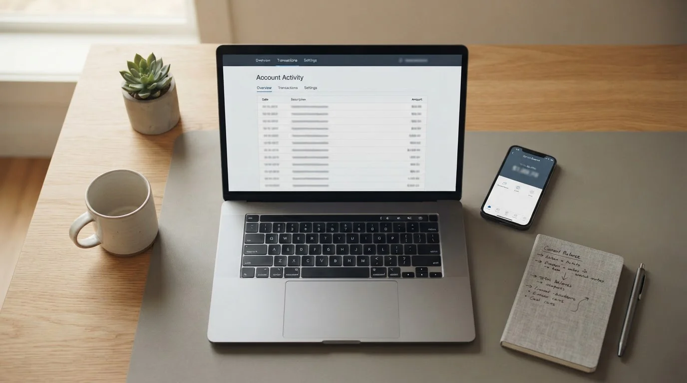 Laptop and smartphone on a desk showing e-wallet transaction history for casino deposits