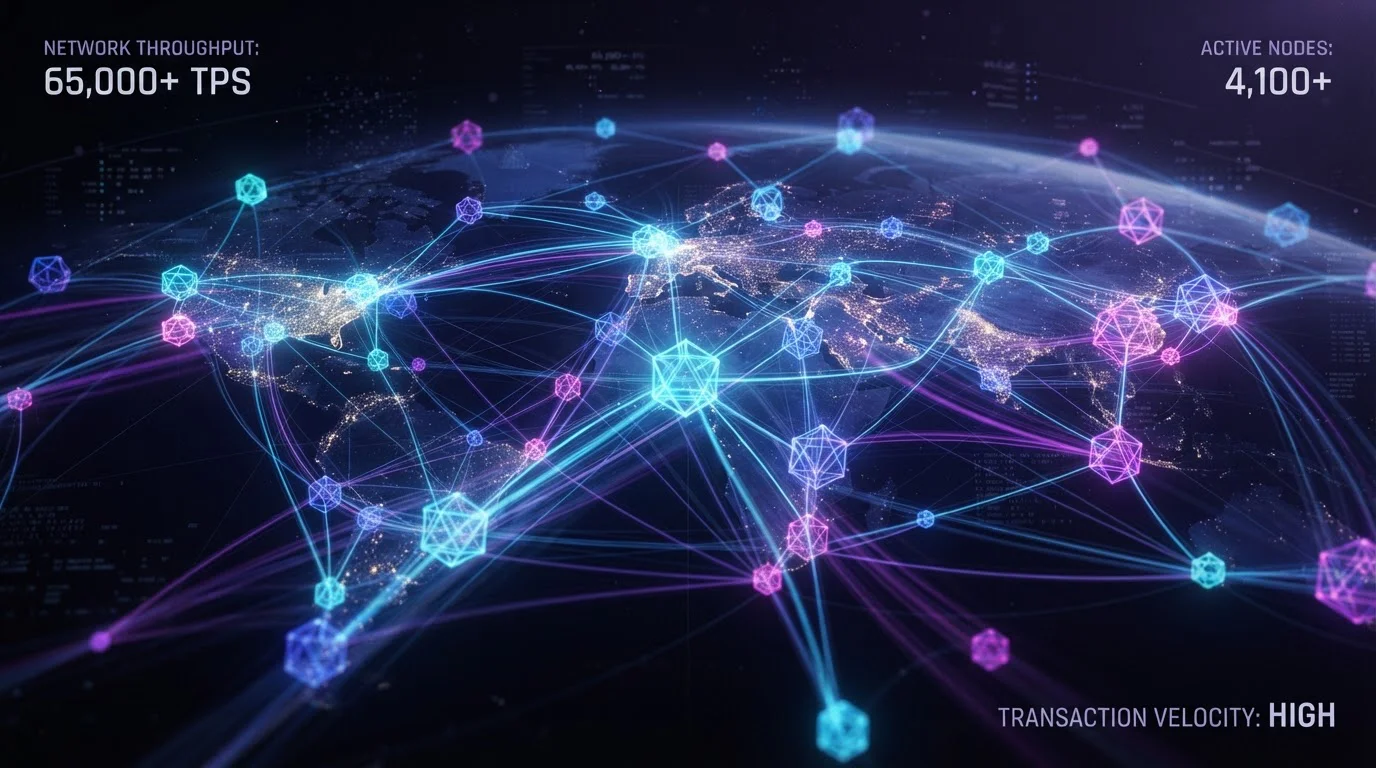 Blockchain network visualization showing fast transaction flow between nodes
