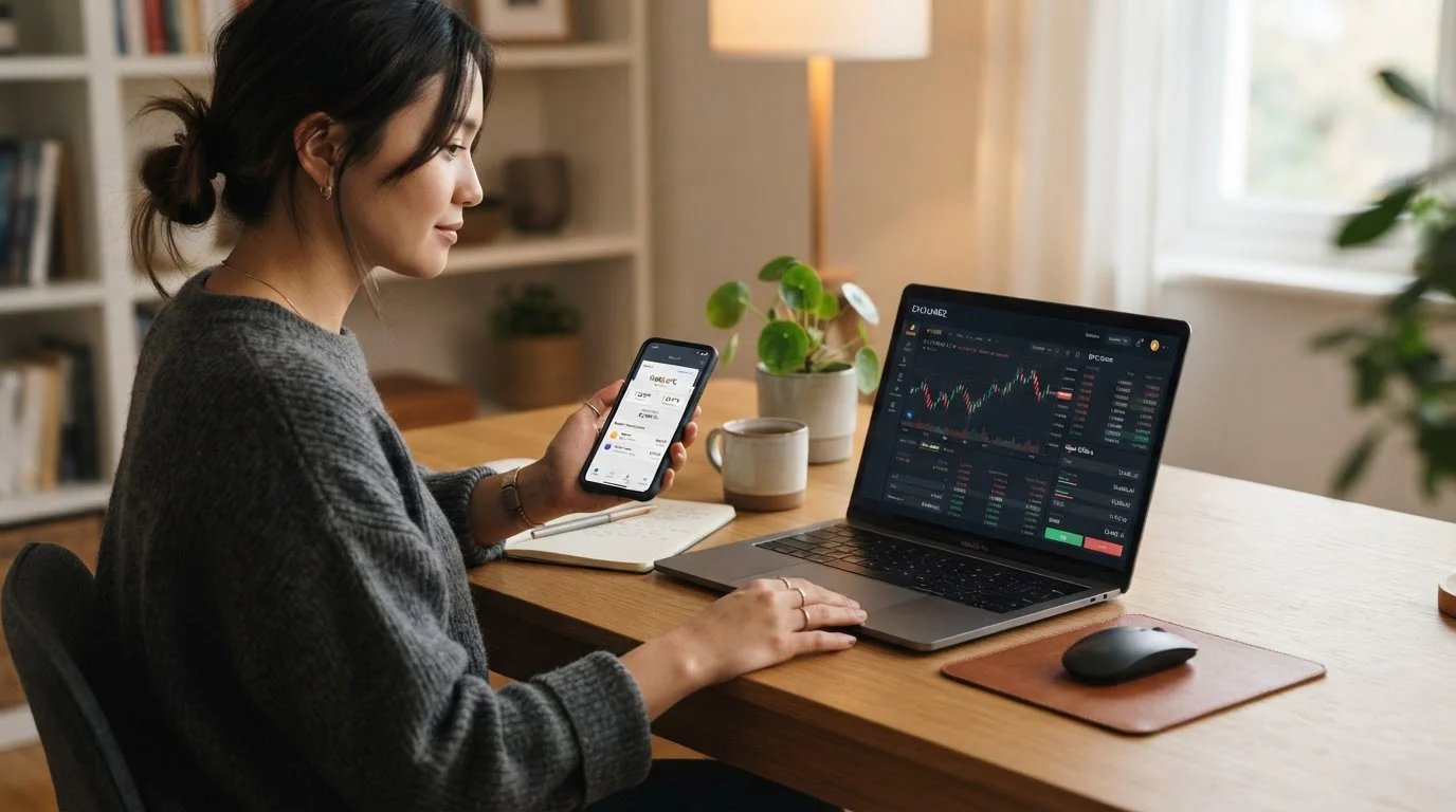 Person at desk with smartphone showing cryptocurrency wallet and laptop displaying exchange interface