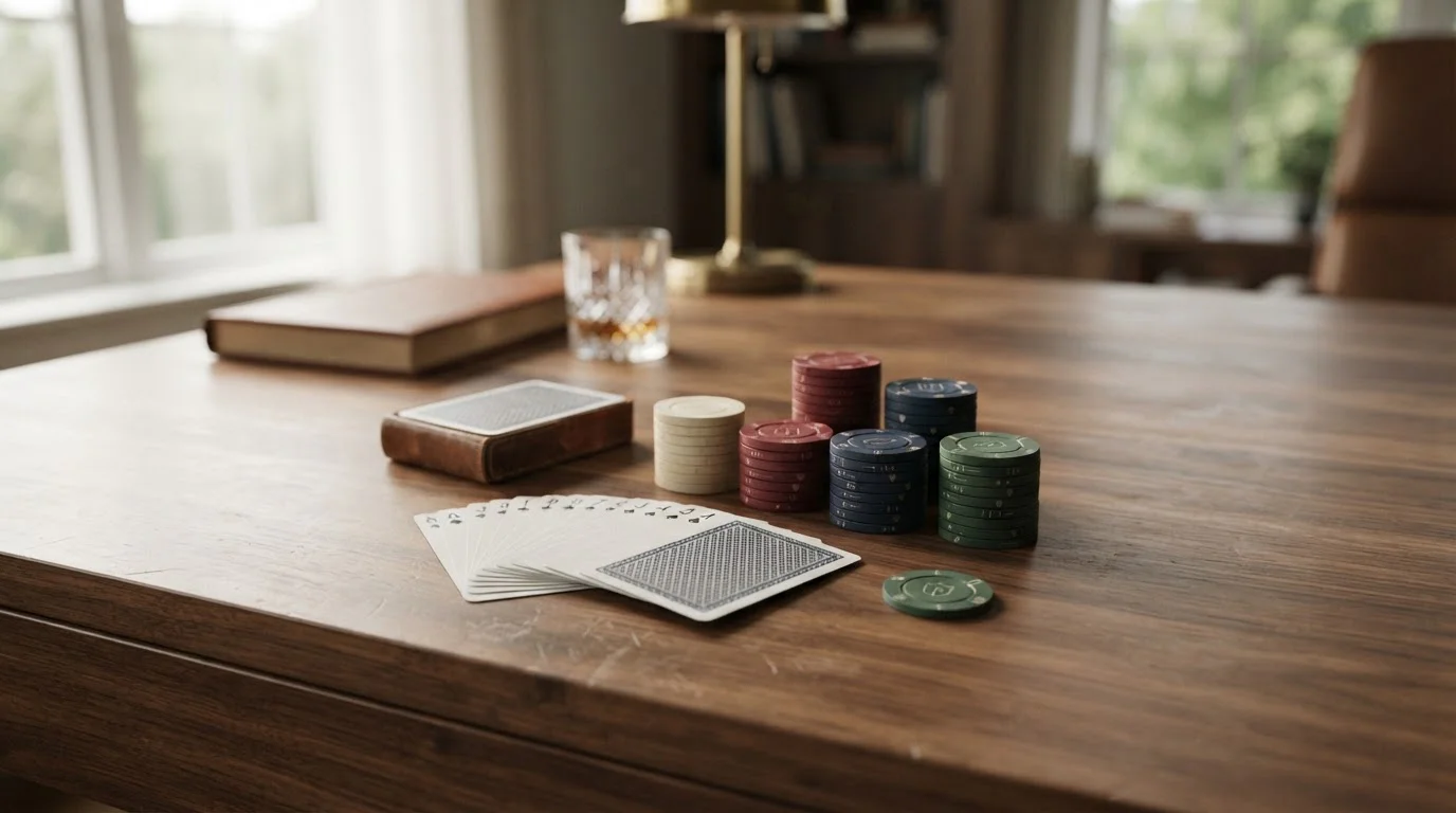 Elegant casino chips and playing cards on a refined wooden desk with soft natural lighting