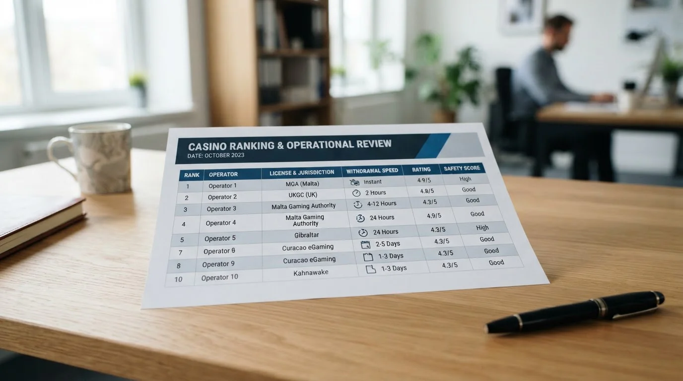 Comparison chart showing BNB casino rankings with license types and withdrawal speeds