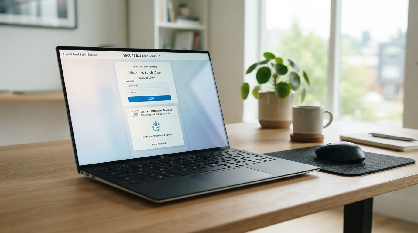 Laptop screen showing Trustly instant bank transfer authentication interface