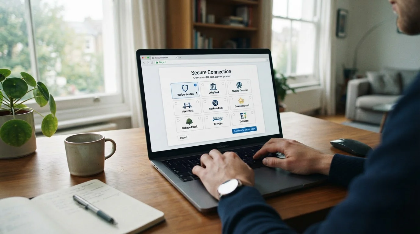 Laptop screen displaying open banking connection interface with UK bank logos