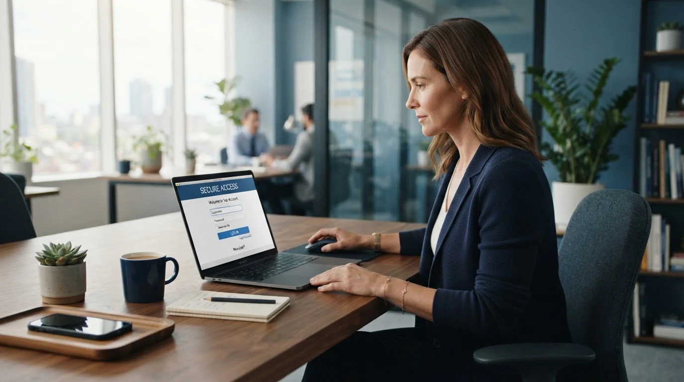 Person at desk reviewing online banking login interface on laptop screen