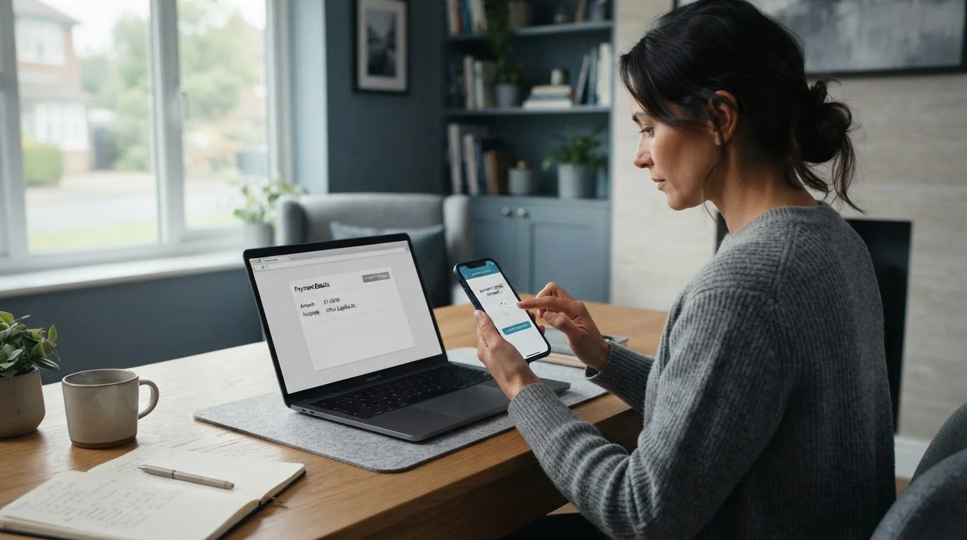 Person using smartphone to authenticate banking transaction with laptop showing payment interface