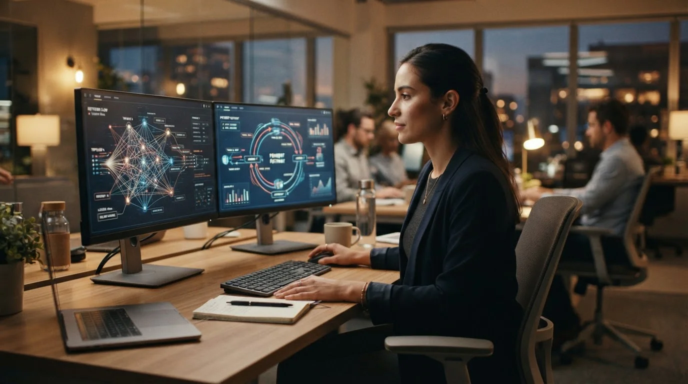 Dual monitors displaying payment infrastructure network diagrams