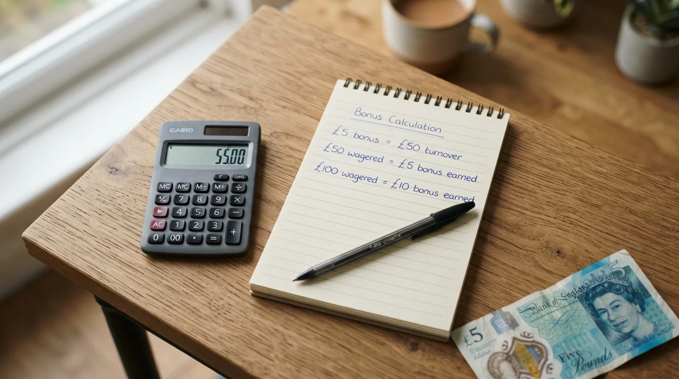 Calculator and notepad with bonus arithmetic breakdown showing £5 bonus equals £50 turnover