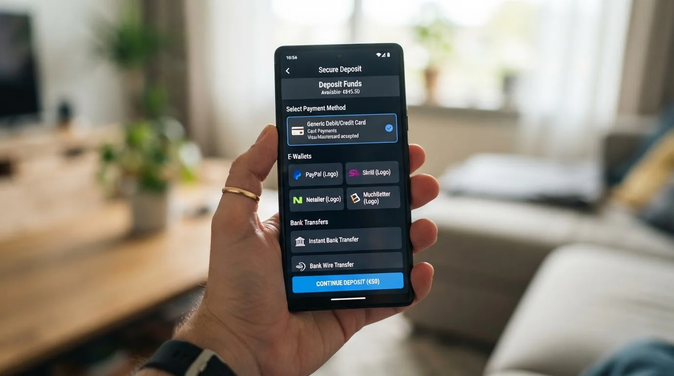 Smartphone displaying casino cashier with multiple payment options including debit cards and e-wallets