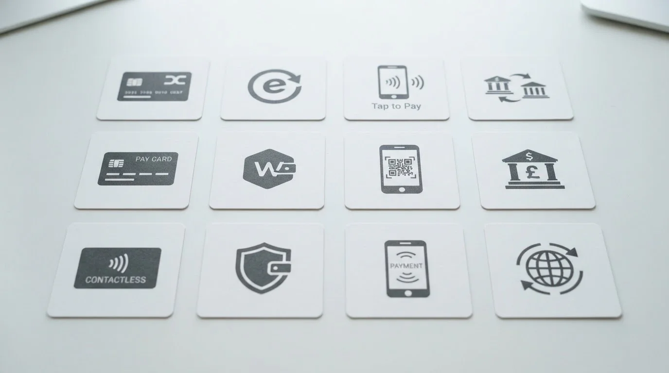 Payment method icons arranged showing debit cards, e-wallets, mobile pay, and bank transfer
