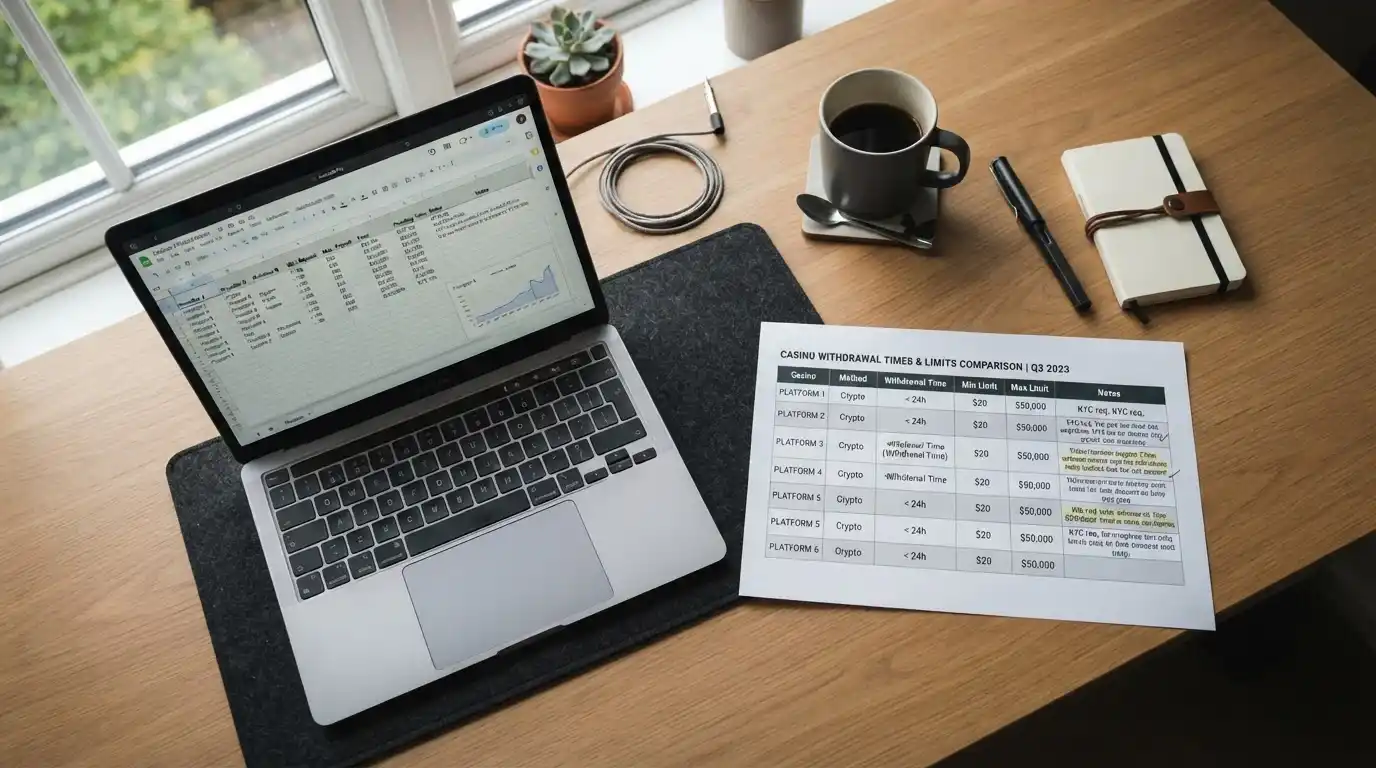 Overhead view of desk with casino comparison spreadsheet showing withdrawal times and limits