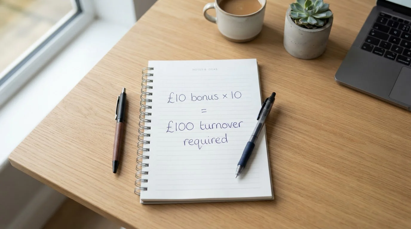 Casino bonus wagering calculation showing £10 bonus requiring £100 turnover under 10× cap