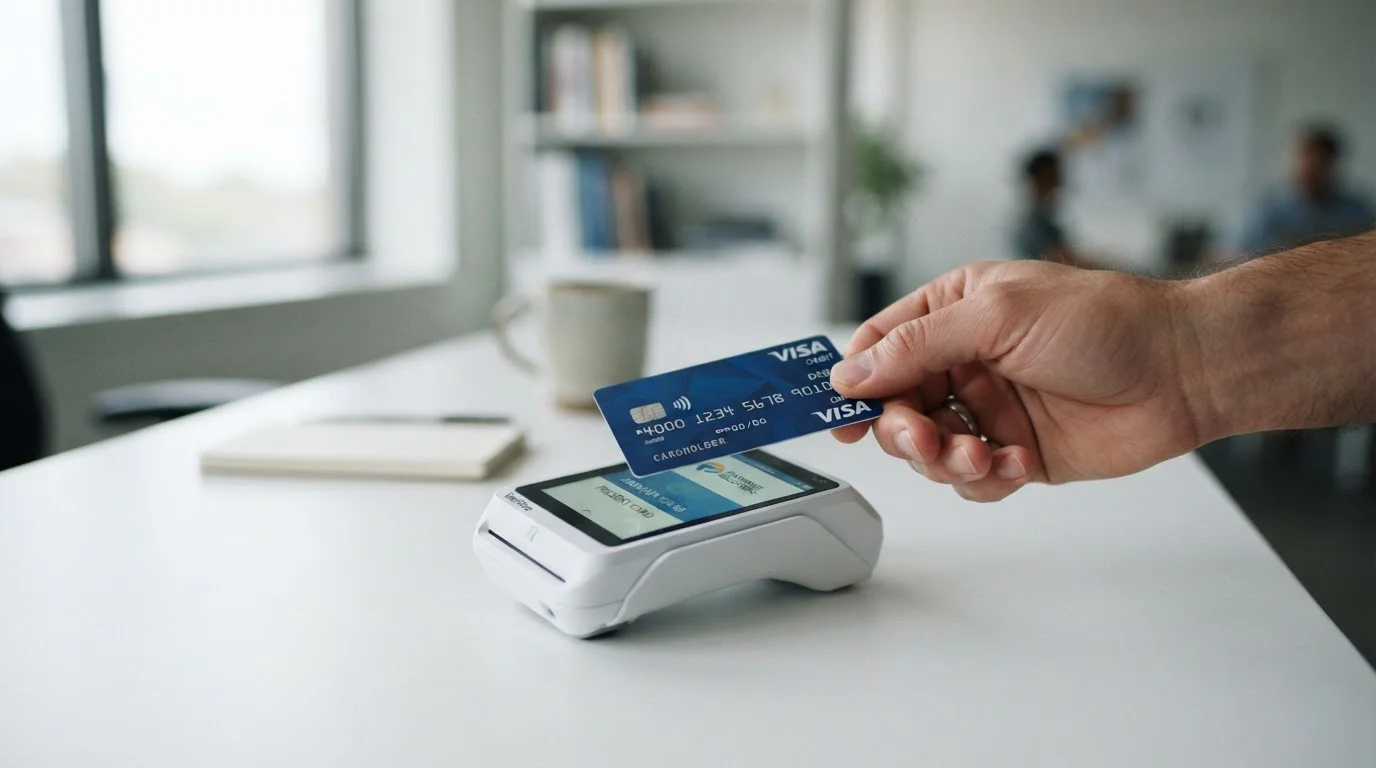 Close-up of debit card being inserted into UK casino payment terminal